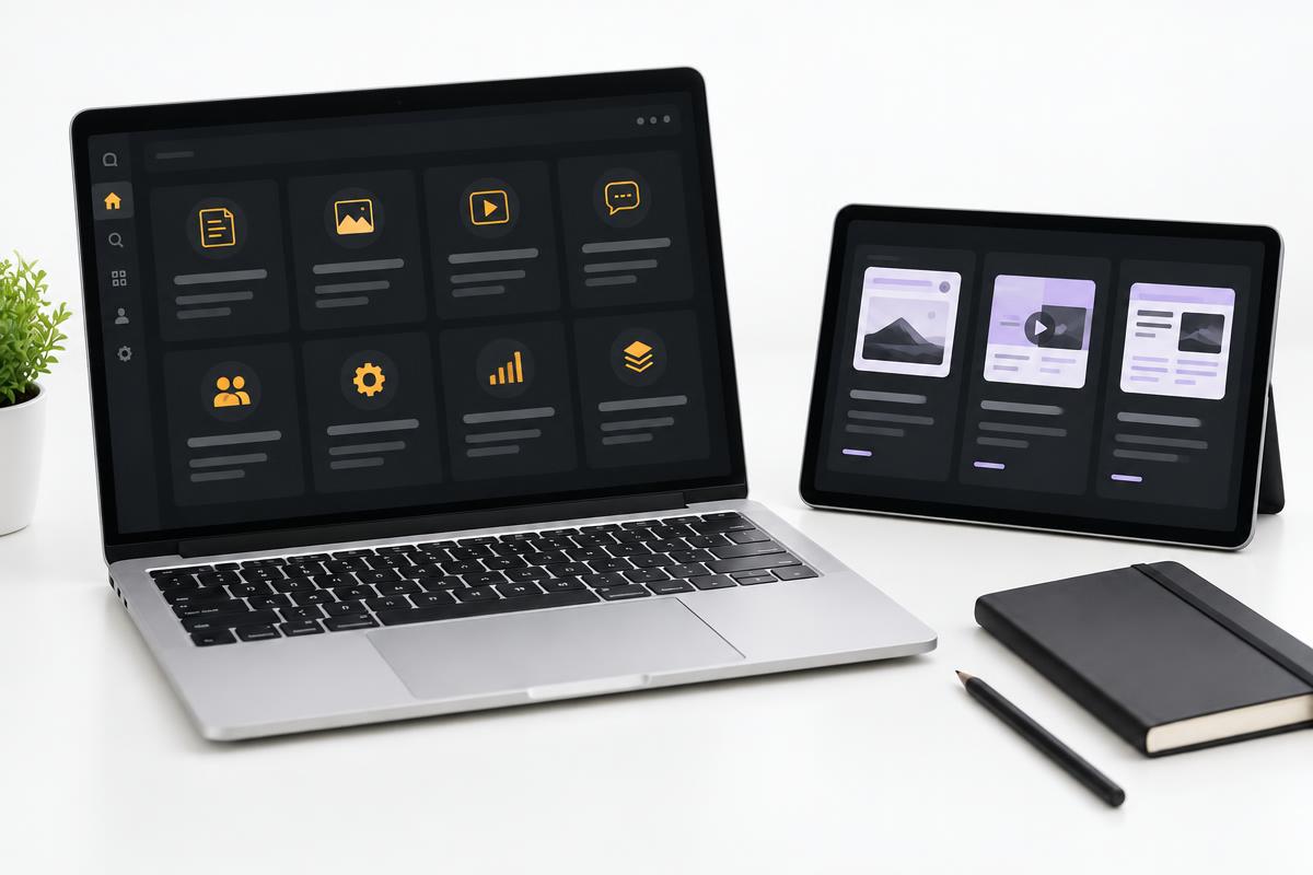 Illustrative laptop and tablet workspace for the lifetime toolkit and Traffic Pack