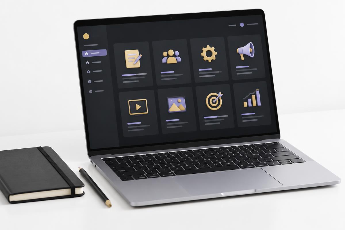 Illustrative laptop workspace for AI Future Marketing monthly tool access